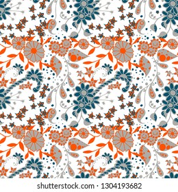 Little Flowers. Seamless Pattern in Liberty Style. Spring Floral Texture with Hand Drawn Doodle Blossoms, Leaves and Buds. Small Natural Rapport for Chintz, Linen, Textile. Vector Zentangle.