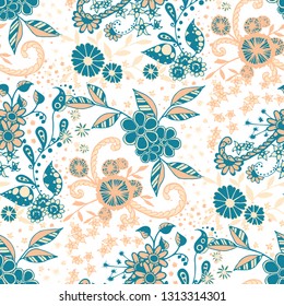 Little Flowers. Seamless Pattern in Liberty Style. Summer Floral Texture with Hand Drawn Doodle Blossoms, Leaves and Buds. Small Natural Rapport for Chintz, Linen, Textile. Vector Zentangle.