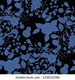 Little Flowers. Seamless Pattern in Liberty Style. Summer Floral Texture with Hand Drawn Doodle Blossoms, Leaves and Buds. Small Natural Rapport for Fabric, Cloth, Paper. Vector.