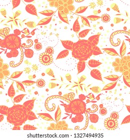 Little Flowers. Seamless Pattern in Liberty Style. Summer Floral Texture with Hand Drawn Doodle Blossoms, Leaves and Buds. Small Natural Rapport for Dress, Print, Cotton. Vector.