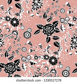 Little Flowers. Seamless Pattern in Liberty Style. Autumn Floral Texture with Hand Drawn Doodle Blossoms, Leaves and Buds. Small Natural Rapport for Chintz, Linen, Calico. Vector.