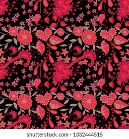 Little Flowers. Seamless Pattern in Liberty Style. Summer Floral Texture with Hand Drawn Doodle Blossoms, Leaves and Buds. Small Natural Rapport for Dress, Cloth, Paper. Vector Zentangle.