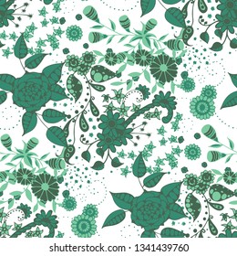 Little Flowers. Seamless Pattern in Liberty Style. Autumn Floral Texture with Hand Drawn Doodle Blossoms, Leaves and Buds. Small Natural Rapport for Fabric, Cloth, Paper. Vector.