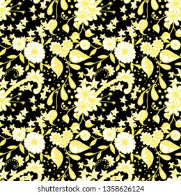 Little Flowers. Seamless Pattern in Liberty Style. Autumn Floral Texture with Hand Drawn Doodle Blossoms, Leaves and Buds. Small Natural Rapport for Print, Cotton, Calico. Vector Zentangle.