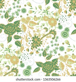 Little Flowers. Seamless Pattern in Liberty Style. Summer Floral Texture with Hand Drawn Doodle Blossoms, Leaves and Buds. Small Natural Rapport for Print, Cotton, Calico. Vector.