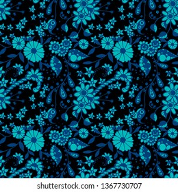 Little Flowers. Seamless Pattern in Liberty Style. Summer Floral Texture with Hand Drawn Doodle Blossoms, Leaves and Buds. Small Natural Rapport for Fabric, Cloth, Textile. Vector Zentangle.