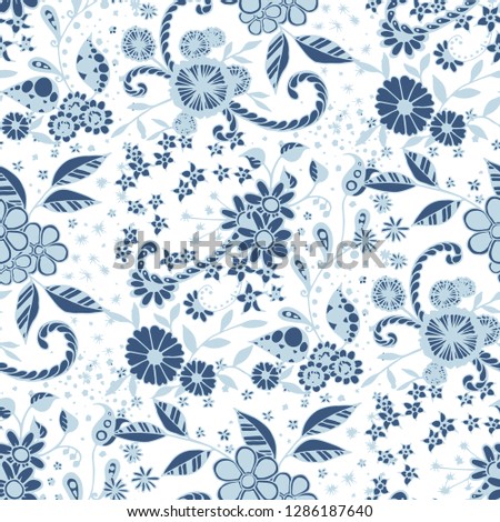 Little Flowers. Seamless Pattern in Liberty Style. Autumn Floral Texture with Hand Drawn Doodle Blossoms, Leaves and Buds. Small Natural Rapport for Dress, Cloth, Paper. Vector Zentangle.