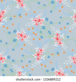 Little Flowers. Seamless Pattern with Pretty Wildflowers. Girlie Natural Background in Rustic Style with Small Blossoms of Daisy Flowers. Vector Ditsy Pattern for Fabric, Print. Floral Texture