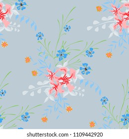 Little Flowers. Seamless Pattern with Pretty Wildflowers. Girlie Natural Background in Rustic Style with Small Blossoms of Daisy Flowers. Vector Ditsy Pattern for Paper, Textile. Floral Texture