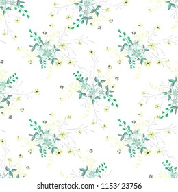 Little Flowers. Seamless Pattern with Pretty Wildflowers. Girlie Natural Background in Liberty Style with Small Blossoms of Daisy Flowers. Vector Ditsy Pattern for Wallpaper, Linen. Floral Texture
