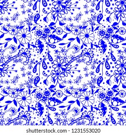 Little Flowers. Seamless Pattern in Rustic Style. Summer Floral Texture with Hand Drawn Doodle Blossoms, Leaves and Buds. Small Natural Rapport for Fabric, Linen, Textile. Vector Zentangle.