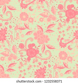 Little Flowers. Seamless Pattern in Rustic Style. Summer Floral Texture with Hand Drawn Doodle Blossoms, Leaves and Buds. Small Natural Rapport for Dress, Print, Cotton. Vector Zentangle.