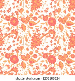 Little Flowers. Seamless Pattern in Rustic Style. Summer Floral Texture with Hand Drawn Doodle Blossoms, Leaves and Buds. Small Natural Rapport for Fabric, Linen, Textile. Vector Zentangle.