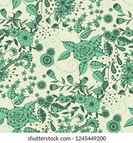 Little Flowers. Seamless Pattern in Rustic Style. Summer Floral Texture with Hand Drawn Doodle Blossoms, Leaves and Buds. Small Natural Rapport for Chintz, Linen, Calico. Vector.