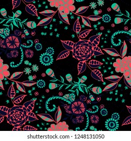 Little Flowers. Seamless Pattern in Rustic Style. Summer Floral Texture with Hand Drawn Doodle Blossoms, Leaves and Buds. Small Natural Rapport for Print, Cotton, Calico. Vector.