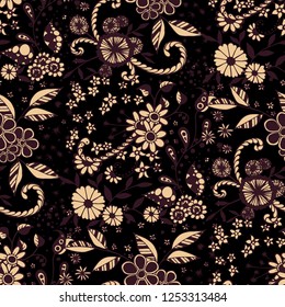 Little Flowers. Seamless Pattern in Rustic Style. Spring Floral Texture with Hand Drawn Doodle Blossoms, Leaves and Buds. Small Natural Rapport for Print, Cotton, Calico. Vector Zentangle.