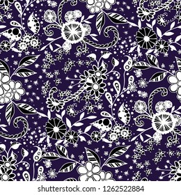 Little Flowers. Seamless Pattern in Rustic Style. Autumn Floral Texture with Hand Drawn Doodle Blossoms, Leaves and Buds. Small Natural Rapport for Chintz, Linen, Calico. Vector Zentangle.