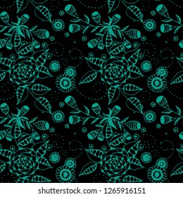 Little Flowers. Seamless Pattern in Rustic Style. Spring Floral Texture with Hand Drawn Doodle Blossoms, Leaves and Buds. Small Natural Rapport for Dress, Cloth, Paper. Vector.