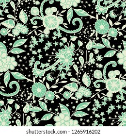 Little Flowers. Seamless Pattern in Rustic Style. Spring Floral Texture with Hand Drawn Doodle Blossoms, Leaves and Buds. Small Natural Rapport for Dress, Print, Cotton. Vector Zentangle.
