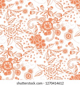 Little Flowers. Seamless Pattern in Rustic Style. Autumn Floral Texture with Hand Drawn Doodle Blossoms, Leaves and Buds. Small Natural Rapport for Print, Cotton, Calico. Vector.