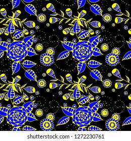 Little Flowers. Seamless Pattern in Rustic Style. Summer Floral Texture with Hand Drawn Doodle Blossoms, Leaves and Buds. Small Natural Rapport for Print, Cotton, Calico. Vector.