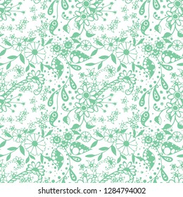 Little Flowers. Seamless Pattern in Rustic Style. Summer Floral Texture with Hand Drawn Doodle Blossoms, Leaves and Buds. Small Natural Rapport for Print, Cotton, Calico. Vector Zentangle.