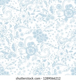 Little Flowers. Seamless Pattern in Rustic Style. Summer Floral Texture with Hand Drawn Doodle Blossoms, Leaves and Buds. Small Natural Rapport for Fabric, Cloth, Textile. Vector Zentangle.