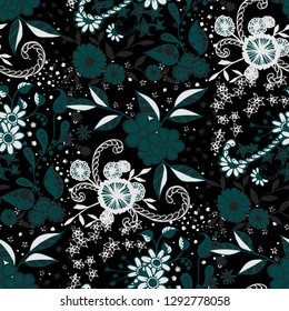Little Flowers. Seamless Pattern in Rustic Style. Spring Floral Texture with Hand Drawn Doodle Blossoms, Leaves and Buds. Small Natural Rapport for Chintz, Cotton, Calico. Vector Zentangle.