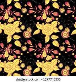 Little Flowers. Seamless Pattern in Rustic Style. Autumn Floral Texture with Hand Drawn Doodle Blossoms, Leaves and Buds. Small Natural Rapport for Dress, Cloth, Paper. Vector.
