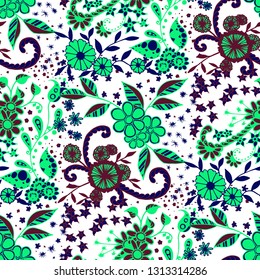 Little Flowers. Seamless Pattern in Rustic Style. Spring Floral Texture with Hand Drawn Doodle Blossoms, Leaves and Buds. Small Natural Rapport for Print, Cotton, Calico. Vector Zentangle.