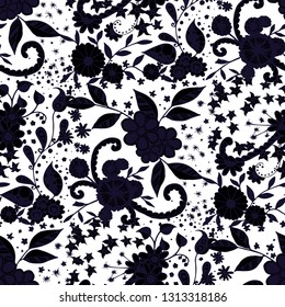 Little Flowers. Seamless Pattern in Rustic Style. Autumn Floral Texture with Hand Drawn Doodle Blossoms, Leaves and Buds. Small Natural Rapport for Chintz, Linen, Textile. Vector Zentangle.