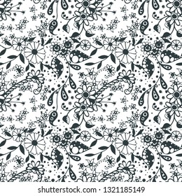 Little Flowers. Seamless Pattern in Rustic Style. Summer Floral Texture with Hand Drawn Doodle Blossoms, Leaves and Buds. Small Natural Rapport for Fabric, Cloth, Paper. Vector Zentangle.