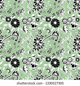 Little Flowers. Seamless Pattern in Rustic Style. Spring Floral Texture with Hand Drawn Doodle Blossoms, Leaves and Buds. Small Natural Rapport for Dress, Cloth, Paper. Vector Zentangle.