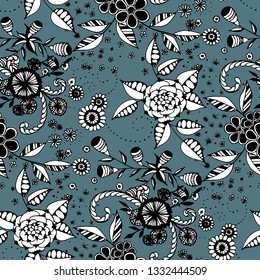 Little Flowers. Seamless Pattern in Rustic Style. Autumn Floral Texture with Hand Drawn Doodle Blossoms, Leaves and Buds. Small Natural Rapport for Chintz, Linen, Calico. Vector.
