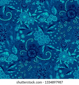 Little Flowers. Seamless Pattern in Rustic Style. Spring Floral Texture with Hand Drawn Doodle Blossoms, Leaves and Buds. Small Natural Rapport for Dress, Cloth, Paper. Vector Zentangle.