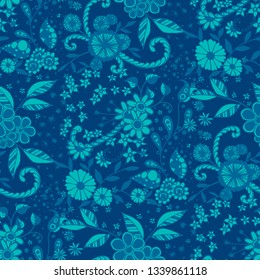 Little Flowers. Seamless Pattern in Rustic Style. Summer Floral Texture with Hand Drawn Doodle Blossoms, Leaves and Buds. Small Natural Rapport for Dress, Cloth, Paper. Vector Zentangle.