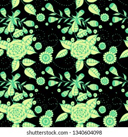 Little Flowers. Seamless Pattern in Rustic Style. Spring Floral Texture with Hand Drawn Doodle Blossoms, Leaves and Buds. Small Natural Rapport for Dress, Print, Cotton. Vector.