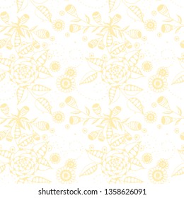 Little Flowers. Seamless Pattern in Rustic Style. Autumn Floral Texture with Hand Drawn Doodle Blossoms, Leaves and Buds. Small Natural Rapport for Print, Cotton, Calico. Vector.