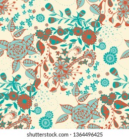 Little Flowers. Seamless Pattern in Rustic Style. Autumn Floral Texture with Hand Drawn Doodle Blossoms, Leaves and Buds. Small Natural Rapport for Print, Cotton, Calico. Vector.