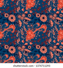 Little Flowers. Seamless Pattern in Rustic Style. Autumn Floral Texture with Hand Drawn Doodle Blossoms, Leaves and Buds. Small Natural Rapport for Fabric, Cloth, Paper. Vector Zentangle.