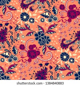 Flores Pequeñas. Patrón sin inconvenientes en estilo rústico. Textura floral primaveral con flores de doodle dibujadas a mano, hojas y barras. Pequeño reportaje natural para Chintz, Linen, Textil. Vector Zentangle.