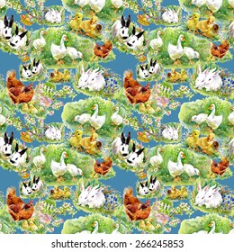 Little fluffy cute watercolor ducklings, chickens and hares with eggs seamless pattern on blue background vector illustration