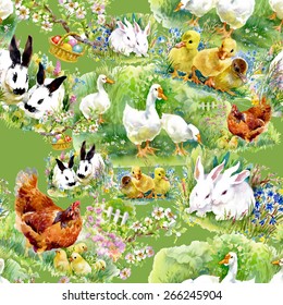 Little fluffy cute watercolor ducklings, chickens and hares with eggs seamless pattern on green background vector illustration