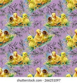 Little fluffy cute watercolor ducklings seamless pattern on purple background vector illustration