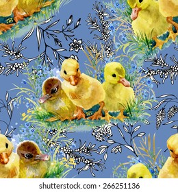 Little fluffy cute watercolor ducklings seamless pattern on green background vector illustration