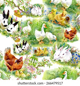 Little fluffy cute watercolor ducklings, chickens and hares with eggs seamless pattern on white background vector illustration