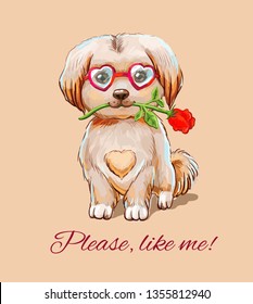 Little fluffy puppy in glasses sits with rose. Cute illustration with appeal 'Please, like me!'