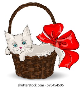 Little fluffy white kitten sitting in a gift basket. With a white background.