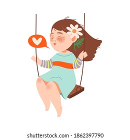 Little Flushed Girl with Flower in Her Hair Swinging on Swing Vector Illustration