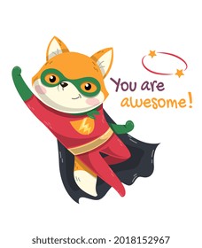 Little flying fox Super Hero wearing red costume, black cape and mask with fist raised and text - You Are Awesome - colored flat cartoon vector illustration isolated on white background